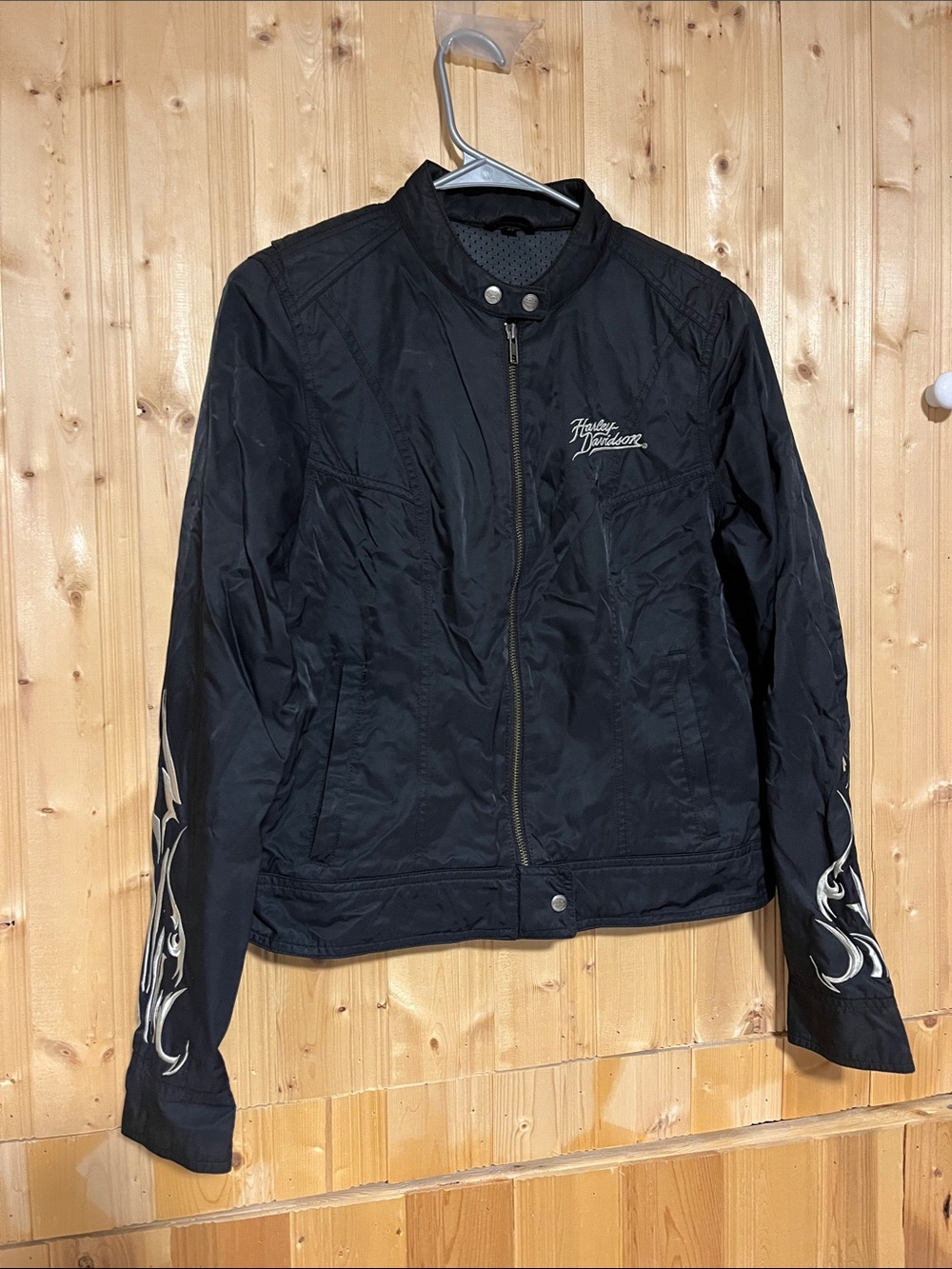 Harley-Davidson Black Women's Bomber Jacket with Flame Sleeve Detail